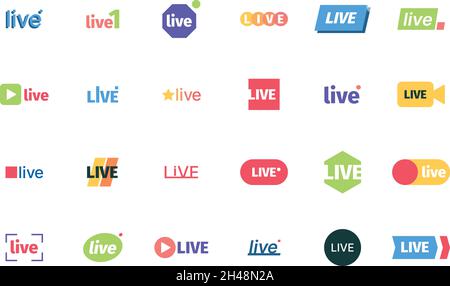 Live stream icons. Broadcasting business red icons air services play symbols living entertainment logo garish vector flat templates Stock Vector