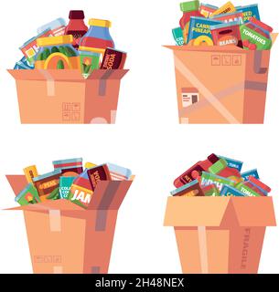 Food in cardboard box. Canned products in containers grocery packages warehouse boxes with jars conserved soup garish vector illustrations collection Stock Vector