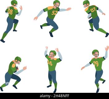 Football players. Isometric sport characters american football players running jumping standing holding ball garish vector 3d persons in dynamic pose Stock Vector