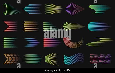 Neon gradient speed lines. Digital line, halftone arrows swirls. Shading abstract vector collection Stock Vector