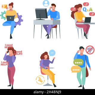 Call center. Helping consultant stuff mobile provider online help consultation garish vector concept illustration Stock Vector