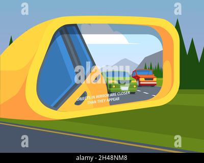 Rear view mirror. Car reflection side driving symbols outdoor vehicle safety mirror garish vector illustration in flat style Stock Vector