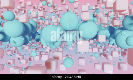 Bright abstract 3d background with pink cubes and turquoise balls. Delicate matte material. Modern design Stock Photo