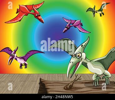 Cartoon dinosaur on rainbow gradient background illustration Stock Vector