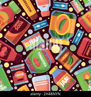 Food pattern. Canned grocery products pictures for textile design seamless background garish vector illustration Stock Vector