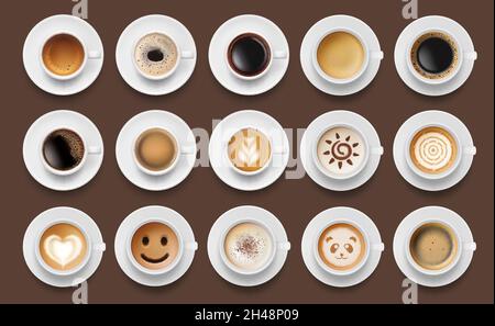 Coffee drinks. Espresso foam top view cappuccino americano different drinks decent vector isolated realistic illustrations set Stock Vector