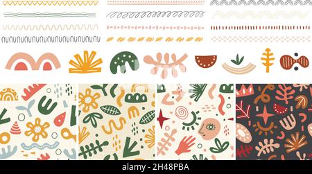 Hand drawn doodle shapes and borders. Contemporary art seamless pattern, sketch dividers vector set Stock Vector