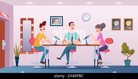 Broadcast studio. Podcast interview people talking to microphones interior room exact vector cartoon background Stock Vector