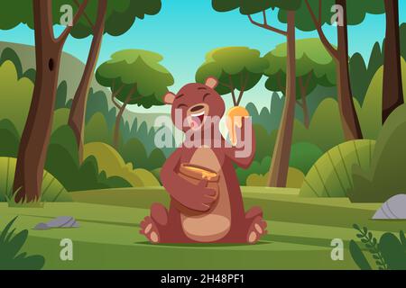 Forest background. Bear walking in forest wild brown animal in cartoon style exact vector picture Stock Vector