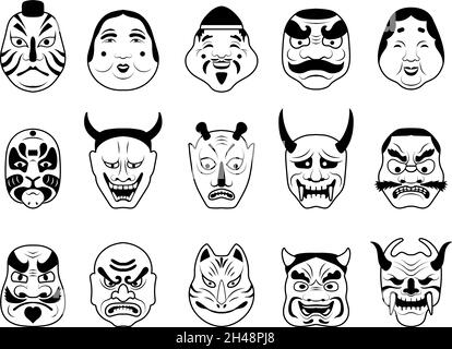 Asian theatrical mask. Japanese cultural art objects for face masked fox wolf samurai and beauty woman recent vector asian symbols Stock Vector