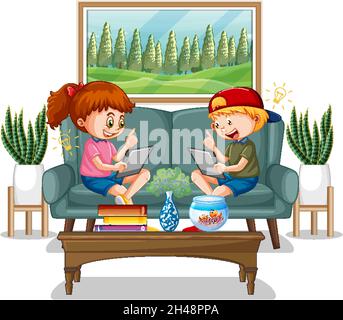 Children learning from home on electronic device illustration Stock Vector