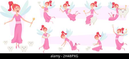 Tooth fairy characters. Female fairytale princess cute little girl holding magic wand and tooth exact vector illustrations set of mascot in action Stock Vector