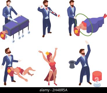 Magician isometric. Circus show scenes with fairytale characters attractions for kids happy performers magicians gaudi garish vector illustrations set Stock Vector