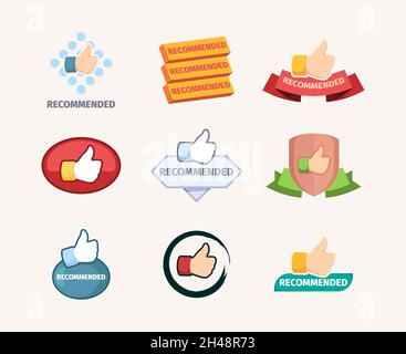 Recommended banners. Promotional stylized graphics design templates badges for great deals branding stamps good deal garish vector pictures set Stock Vector