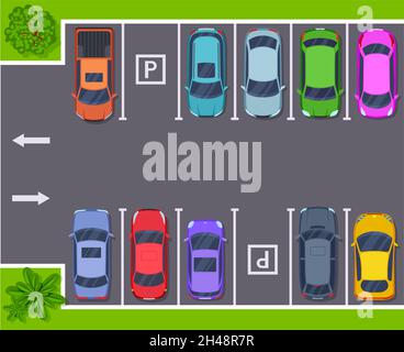 Car parking top view. Cars on street, many autos on stand places. City road, transportation concept. Modern city outdoor area project, exact vector Stock Vector