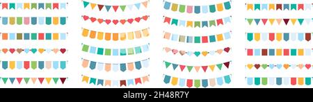 Colored bunting flags. Carnival collection items party decoration symbols garish vector banners set isolated Stock Vector