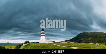 Alnesgard, Godoya, Norway. Old Alnes Lighthouse In Summer Day In Godoy Island Near Alesund Town. Alnes Fyr. Panorama, Panoramic View Stock Photo