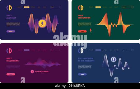 Audio assistant. Sound waves and microphones colored landing pages templates collection mobile digital voice screen visualization app garish vector Stock Vector
