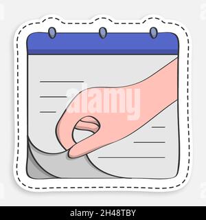 cartoon icon of doodle Hand tearing sheet of wall calendar. Marking days of week, months on calendar. Vector isolated on white background Stock Vector