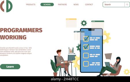 Programmers landing. Digital designers working on laptop coders writing code garish vector templates of web pages Stock Vector