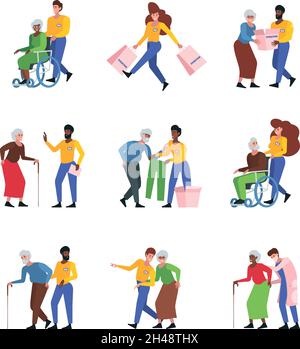 Social help. Characters persons male and female workers of support service helping to seniors elderly characters caring nurse garish vector cartoon Stock Vector