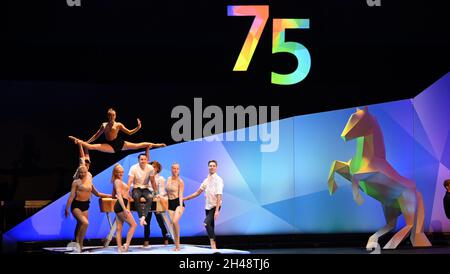 Hanover, Germany. 01st Nov, 2021. Gymnasts from the 'Feuerwerk der Turnkunst' perform at the ceremony in the Congress Centrum Hannover (HCC) to mark the founding of the state of Lower Saxony 75 years ago. Credit: Julian Stratenschulte/dpa/Alamy Live News Stock Photo