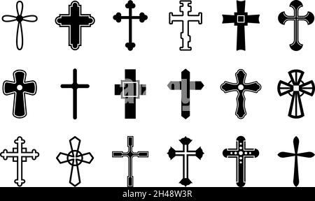 Christian cross set. Crosses collection, christianity holy isolated elements. Catholic orthodox religious symbols. Crucifix silhouette exact vector Stock Vector