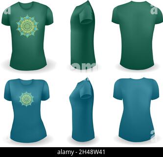 Green male and blue female t shirt realistic template with mandala. Front, side and back view. Vector Stock Vector