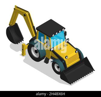 Isometric Construction equipment tractor with front and rear bucket. Industrial machinery and equipment. Realistic cartoon 3d vector isolated on white Stock Vector