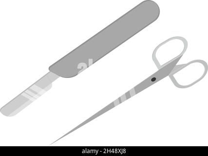 Sclpel and scissors, illustration, vector on a white background. Stock Vector