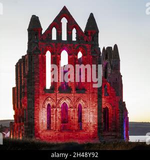 Illuminated Whitby Abbey October 2021 Stock Photo