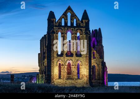 Illuminated Whitby Abbey October 2021 Stock Photo