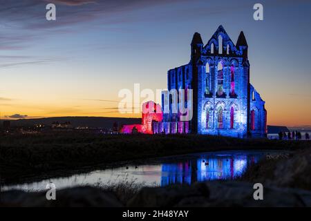 Illuminated Whitby Abbey October 2021 Stock Photo