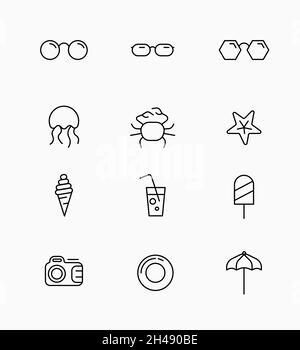 Vector illustration design and linear icons for collection of things. Set template for travel, summer vacation and weekend. Stock Vector