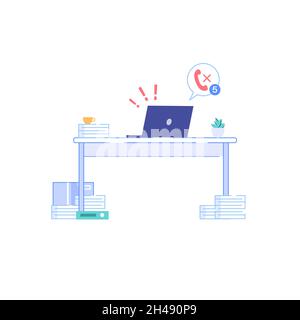 Flat cartoon laptop on work desk,electronic equipment,furniture and office interior elements vector illustration concept Stock Vector