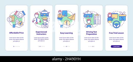 Driving school benefits onboarding mobile app page screen. Advantages walkthrough 5 steps graphic instructions with concepts. UI, UX, GUI vector templ Stock Vector