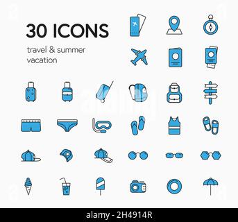 Collection of icon illustrations in the form of casual, sportswear with thin lines.  Design vector signs and clothes on a white background for travel Stock Vector