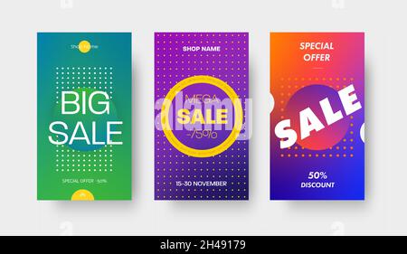 Set of vector color gradient templates for mobile applications and social media. Banner design with a circle and a discount of 50 and 75% on a big sal Stock Vector