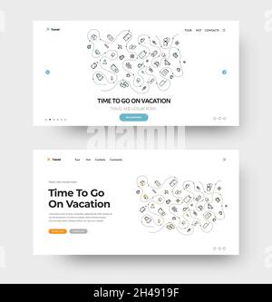White vector banner with yellow and blue button. Design template on the theme of travel, weekend and summer vacation, with a pattern of linear icons. Stock Vector