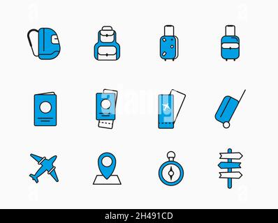 Set of vector illustrations on a white background on the theme of travel and vacation. Design template with linear icons. Stock Vector