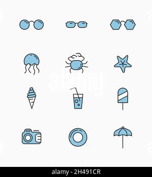 Vector linear icons template on the theme of travel, vacation, summer and weekend. Set design on a white background. Stock Vector