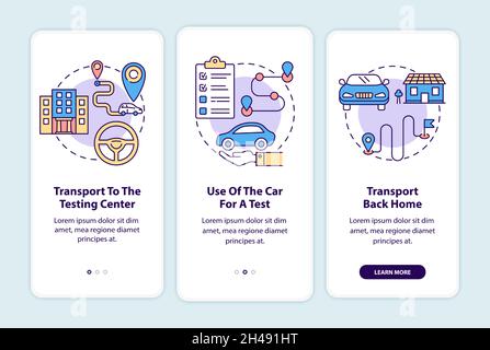 Road test services onboarding mobile app page screen. Driving school offers walkthrough 3 steps graphic instructions with concepts. UI, UX, GUI vector Stock Vector
