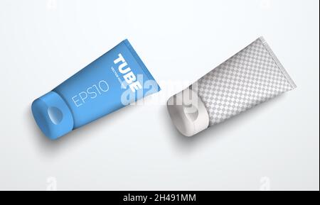Two vector mockup of a realistic plastic tube for cream or liquid lying on the surface. Template for presentation packaging design. Top view Stock Vector
