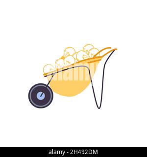 Flat cartoon wheelbarrow with bulbs,new ideas searching,creative solution finding vector illustration concept Stock Vector