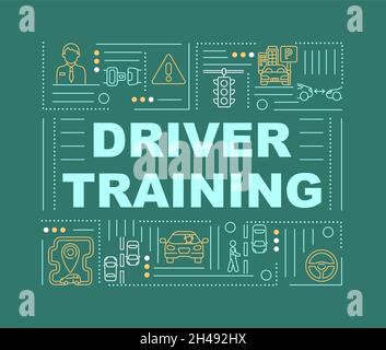 Drivers training word concepts banner. Practicing car riding. Infographics with linear icons on green background. Isolated creative typography. Vector Stock Vector