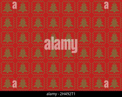 Seamless pattern with checkered knitting tracery Christmas tree ugly sweater Stock Vector