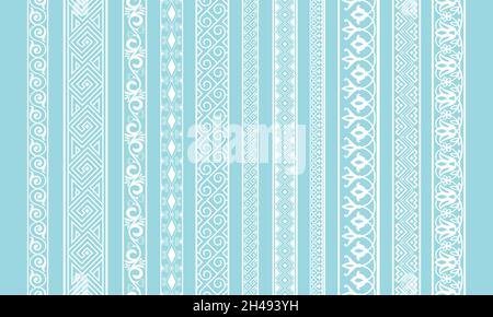 White lace edging. Cute textile wedding borders, barouque laces fabric tapes vector image, curve retro cloth silhouette ribbons, vintage cotton baroque vector strips isolated on blue background Stock Vector
