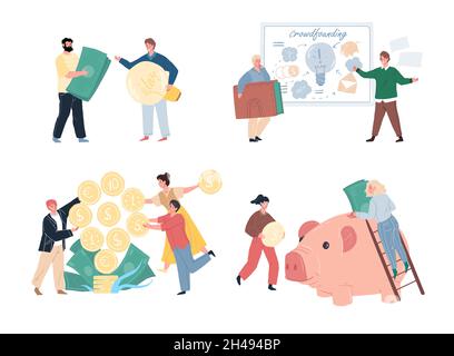 Flat cartoon characters in crowdfunding scenes depicted by metaphors,vector illustration concept Stock Vector