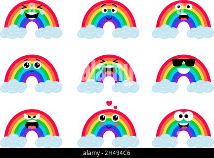 Rainbows funny faces. Cute rainbow character with eyes on clouds, kawaii smiling rain bow set colorful vector illustration, multicolor rain iris arc emoji collection isolated on white background Stock Vector