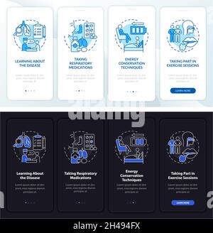 Pulmonary rehab program day, night onboarding mobile app page screen. Walkthrough 4 steps graphic instructions with concepts. UI, UX, GUI vector templ Stock Vector